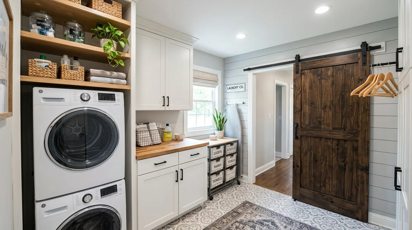 Use baskets and bins that stay easy to access inspiration for a laundry room.